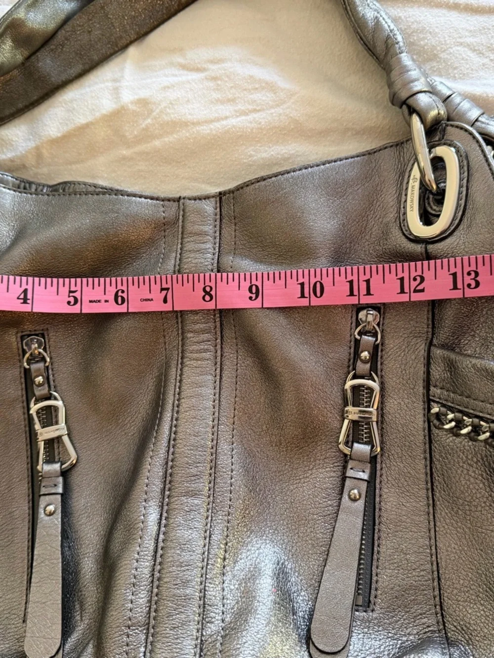 b. makowsky Metallic Gray Leather Shoulder Satchel - Picture 7 of 10
